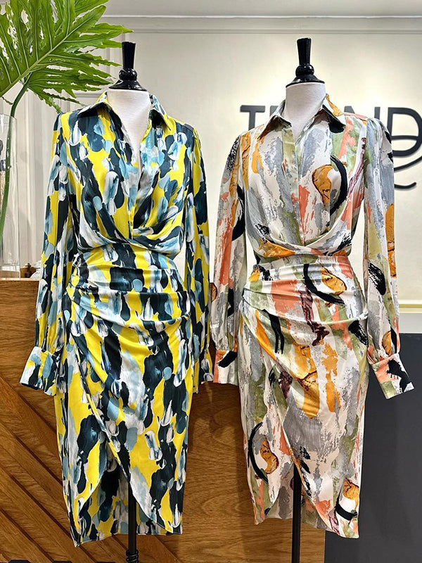 Momentlover Split-Joint Printed Pleated Asymmetric Long Sleeves High Waisted Lapel Midi Dresses