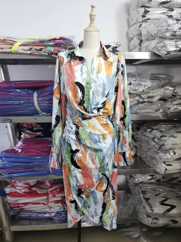 Momentlover Split-Joint Printed Pleated Asymmetric Long Sleeves High Waisted Lapel Midi Dresses