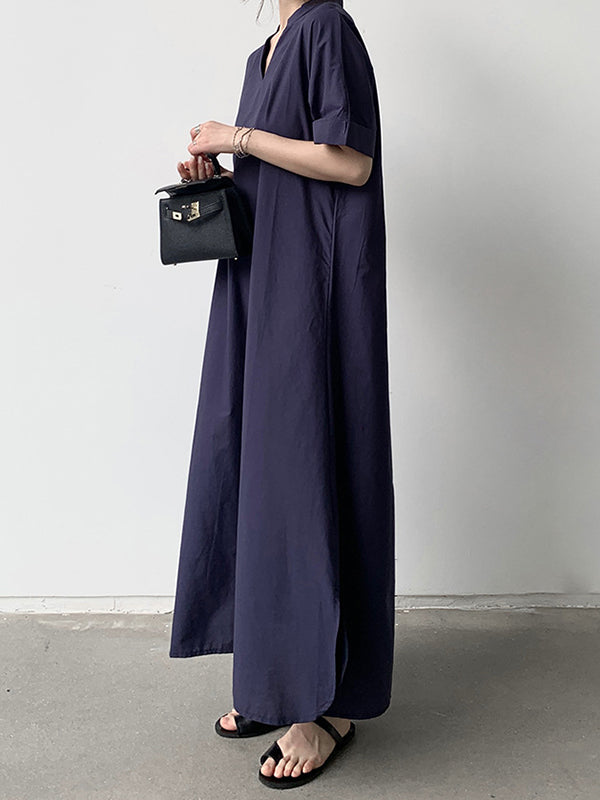 Momentlover Solid Color Short Sleeves Loose V-Neck Maxi Dresses