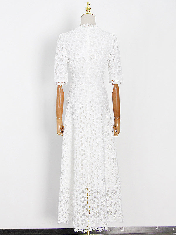 Momentlover Solid Color Hollow Half Sleeves Deep V-Neck Maxi Dresses