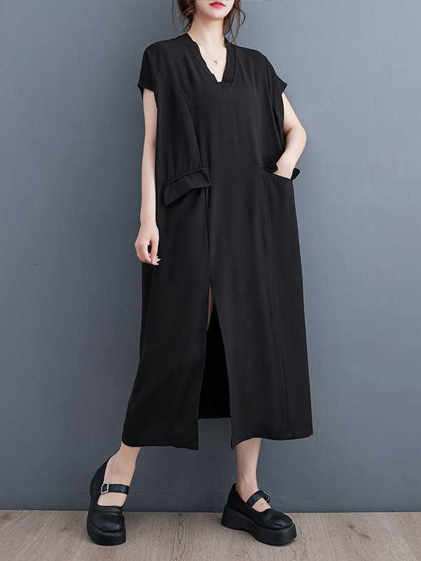 Momentlover Split-Joint Split-Front Solid Color Short Sleeves Loose V-Neck Midi Dresses
