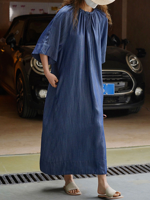 Momentlover Solid Color Pleated Lace-Up Drawstring Short Sleeves Raglan Sleeve Round-Neck Midi Dresses