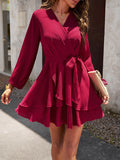 Momentlover Tied Waist Solid Color Ruffled Puff Sleeves Loose V-Neck Mini Dresses