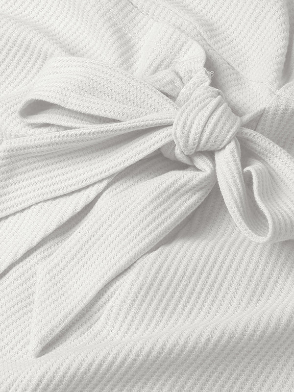 Momentlover Simple Long Sleeves Skinny Tied Falbala Solid Color Round-Neck Mini Dresses