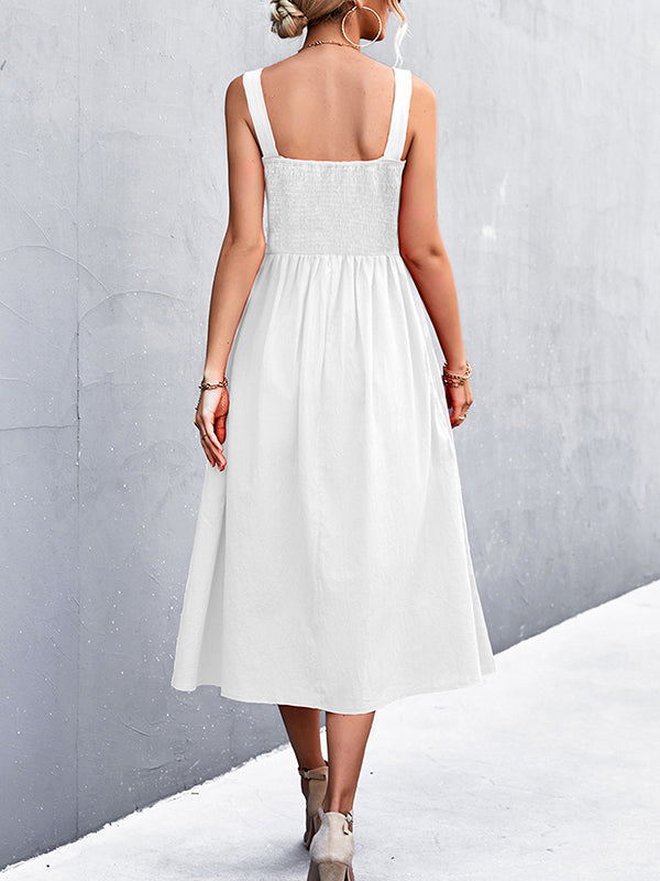 Momentlover Split-Joint Solid Color Pleated Sleeveless High Waisted U-Neck Midi Dresses