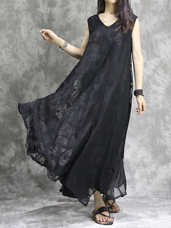 Momentlover Solid Color Flower Print Sleeveless Loose V-Neck Midi Dresses