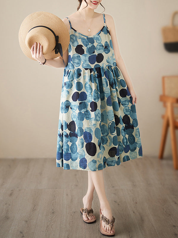 Momentlover Split-Joint Printed Pleated Sleeveless Loose Spaghetti-Neck Midi Dresses