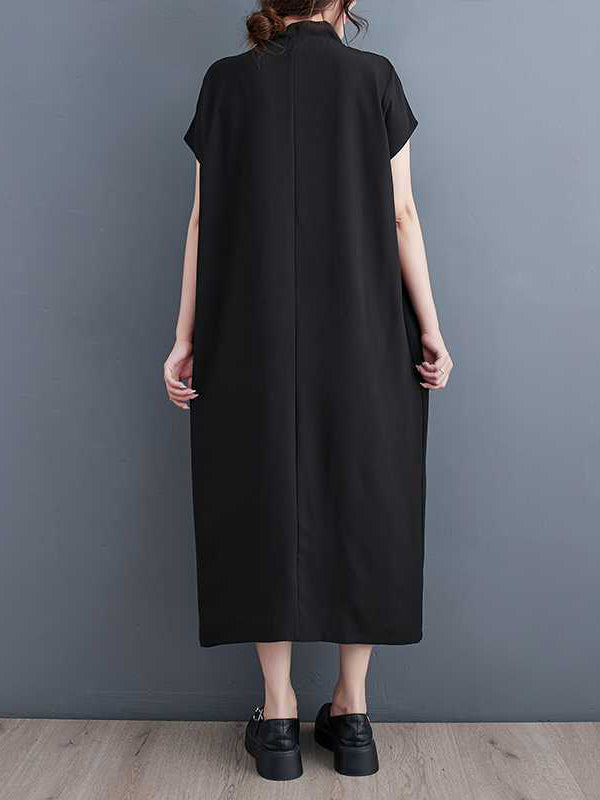 Momentlover Split-Joint Split-Front Solid Color Short Sleeves Loose V-Neck Midi Dresses