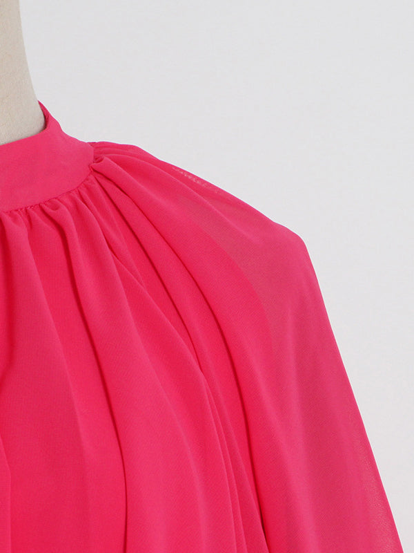 Momentlover Tiered Solid Color Raglan Sleeve Loose Stand Collar Maxi Dresses