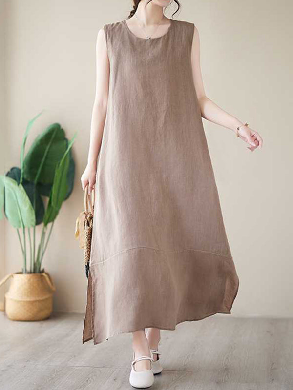 Momentlover Solid Color Sleeveless Loose Round-Neck Midi Dresses