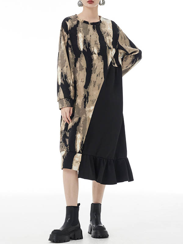 Momentlover Split-Joint Ruffled Contrast Color Asymmetric Loose Long Sleeves Round-Neck Midi Dresses