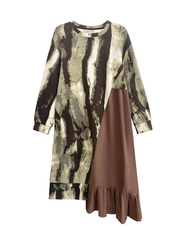 Momentlover Split-Joint Ruffled Contrast Color Asymmetric Loose Long Sleeves Round-Neck Midi Dresses