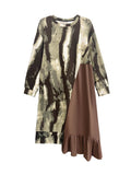 Momentlover Split-Joint Ruffled Contrast Color Asymmetric Loose Long Sleeves Round-Neck Midi Dresses