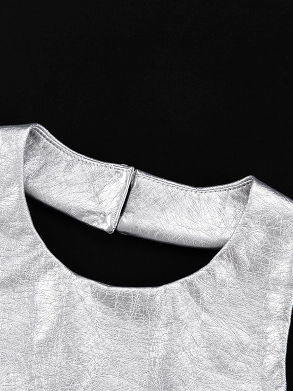 Momentlover Zipper Split-Joint Solid Color Backless Sleeveless Skinny Round-Neck Mini Dresses