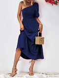 Momentlover Solid Color Puff Sleeves Loose One-Shoulder Midi Dresses