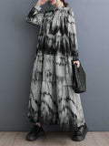 Momentlover Split-Joint Printed Pleated Loose Long Sleeves Stand Collar Midi Dresses