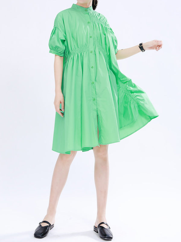 Momentlover Solid Color Pleated Asymmetric Short Sleeves Loose Stand Collar Shirt Dress Mini Dresses