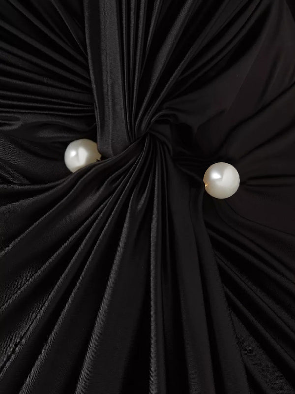 Momentlover Solid Color Bodycon Long Sleeves Pleated  Split-Front Tied Waist Deep V-Neck Maxi Dresses