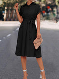 Momentlover Tied Waist Solid Color Buttoned Short Sleeves High Waisted Lapel Collar Shirt Dress Midi Dresses