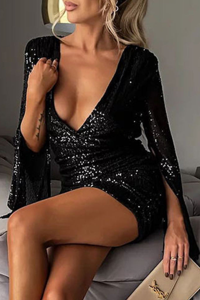 Momentlover Sexy Solid Backless Slit V Neck Wrapped Skirt Dresses RH9512