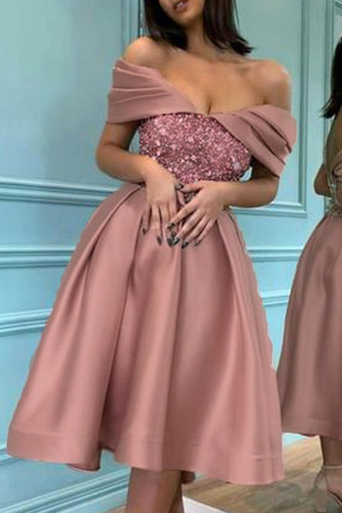 Momentlover Sexy Formal Solid Sequins Off the Shoulder Princess Dresses RH9522