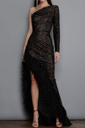 Momentlover Sexy Party Solid See-through Feathers Oblique Collar Irregular Dress Dresses RH9521