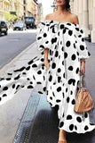 Momentlover Street Elegant Polka Dot Printing Off the Shoulder Printed Dress Dresses RH9526
