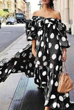 Momentlover Street Elegant Polka Dot Printing Off the Shoulder Printed Dress Dresses RH9526