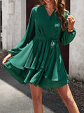 Momentlover Tied Waist Solid Color Ruffled Puff Sleeves Loose V-Neck Mini Dresses