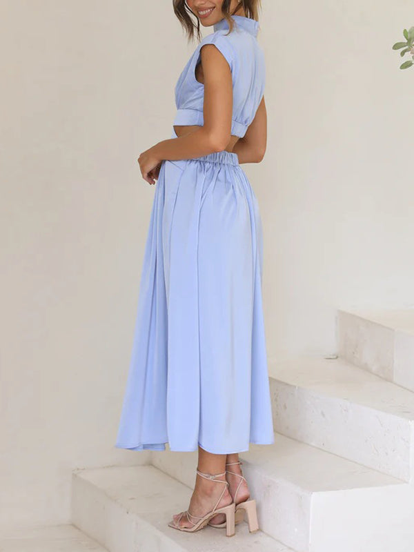 Momentlover Solid Color Pleated Belly-Hollow Cap Sleeve Stand Collar Maxi Dresses