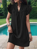 Momentlover Solid Color Ruffled Short Sleeves Ruffle Sleeves V-Neck Mini Dresses