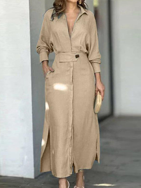 Momentlover Solid Color Long Sleeves Lapel Collar Maxi Dresses