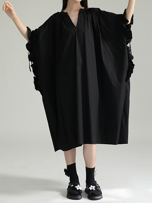 Momentlover Solid Color Pleated Falbala Drawstring Short Sleeves Loose V-Neck Shirt Dress Midi Dresses