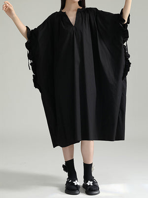 Momentlover Solid Color Pleated Falbala Drawstring Short Sleeves Loose V-Neck Shirt Dress Midi Dresses