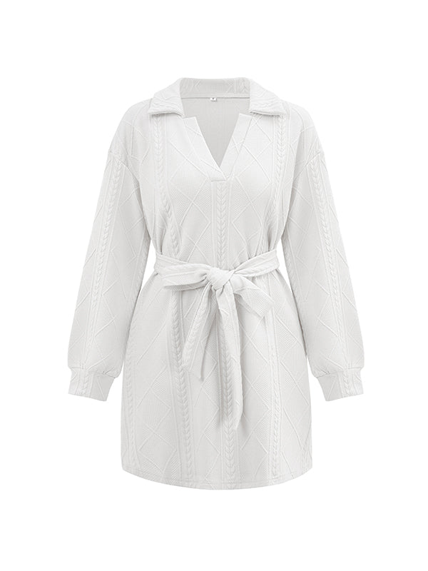 Momentlover Tied Waist Solid Color Jacquard Long Sleeves V-neck Mini Dresses