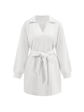 Momentlover Tied Waist Solid Color Jacquard Long Sleeves V-neck Mini Dresses