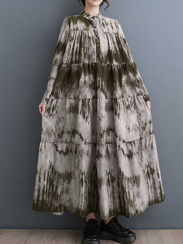 Momentlover Split-Joint Printed Pleated Loose Long Sleeves Stand Collar Midi Dresses