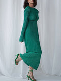 Momentlover Solid Color Pleated Hollow Backless Loose Long Sleeves Round-Neck Midi Dresses