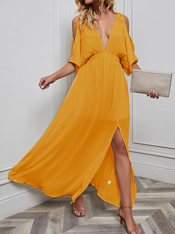 Momentlover Split-front Solid Color Loose Batwing Sleeves Deep V-Neck Maxi Dresses