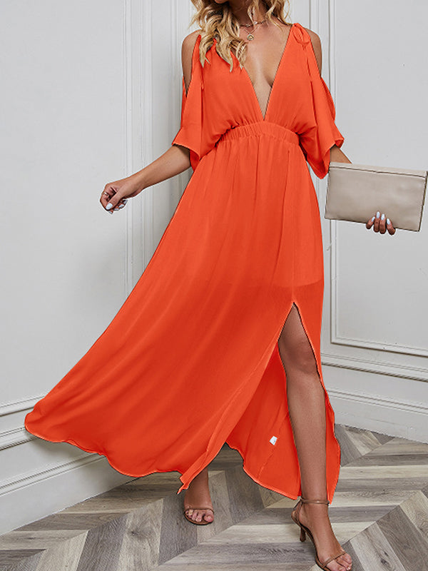Momentlover Split-front Solid Color Loose Batwing Sleeves Deep V-Neck Maxi Dresses