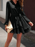 Momentlover Tied Waist Solid Color Ruffled Puff Sleeves Loose V-Neck Mini Dresses