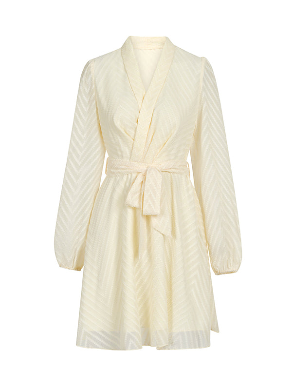 Momentlover Tied Waist Solid Color See-Through Long Sleeves A-Line V-Neck Mini Dresses