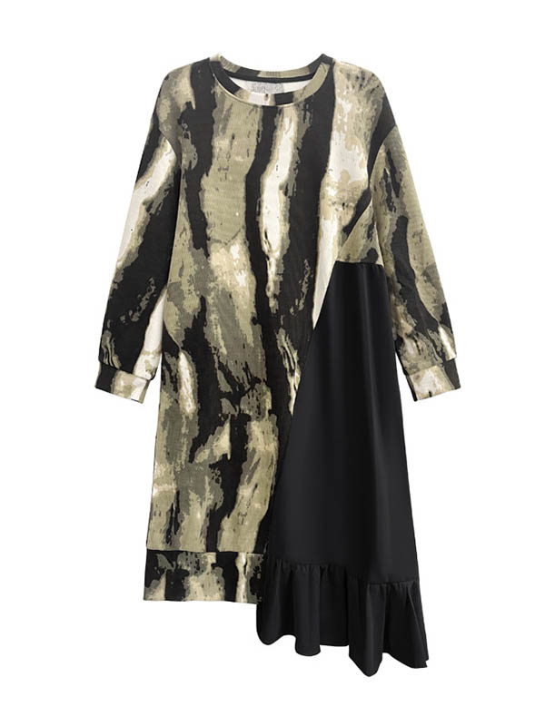 Momentlover Split-Joint Ruffled Contrast Color Asymmetric Loose Long Sleeves Round-Neck Midi Dresses