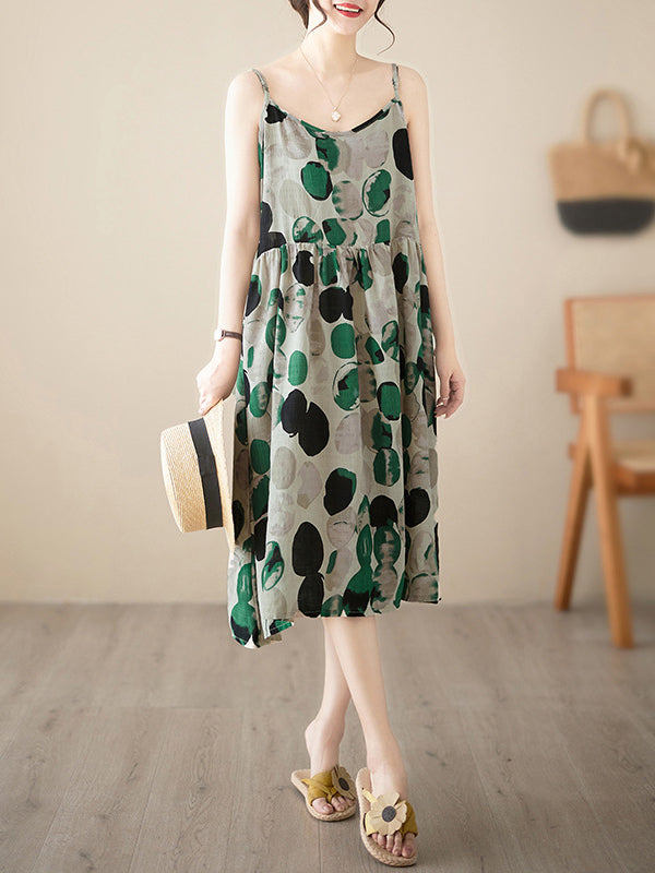 Momentlover Split-Joint Printed Pleated Sleeveless Loose Spaghetti-Neck Midi Dresses