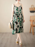 Momentlover Split-Joint Printed Pleated Sleeveless Loose Spaghetti-Neck Midi Dresses