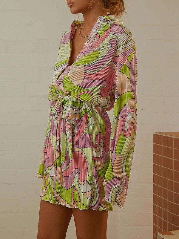 Momentlover Tied Waist Printed Pleated Buttoned Loose Long Sleeves Lapel Mini Dresses