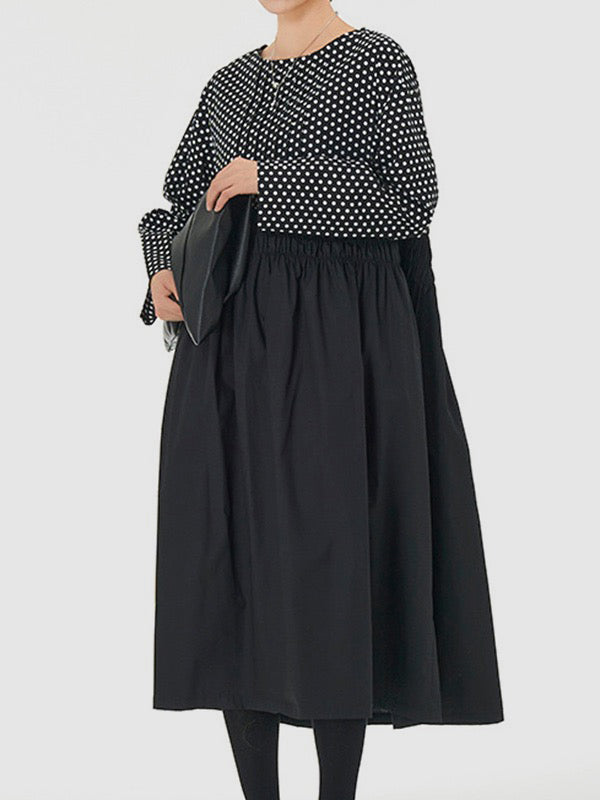 Momentlover Split-Joint Polka-Dot Pleated Elasticity Contrast Color Loose Long Sleeves Round-Neck Midi Dresses