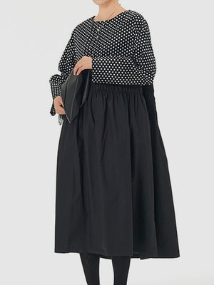 Momentlover Split-Joint Polka-Dot Pleated Elasticity Contrast Color Loose Long Sleeves Round-Neck Midi Dresses