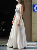 Momentlover Split-Joint Solid Color Pleated Sleeveless Loose Round-Neck Maxi Dresses