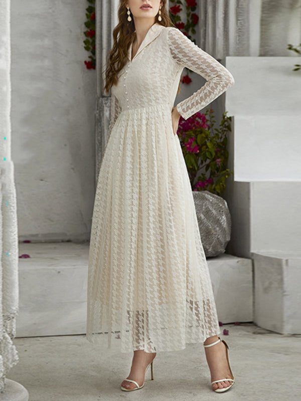 Momentlover Solid Color See-Through Gauze Buttoned Long Sleeves High Waisted V-Neck Maxi Dresses